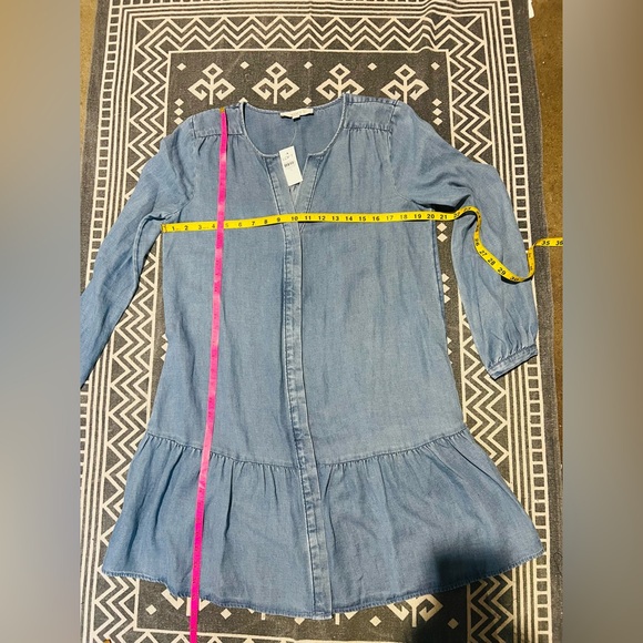LOFT tie neck mini flounce dress relaxed silhouette ruffle hem long sleeve M - Picture 5 of 9